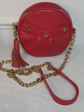MCM Red Leather Tambourine Crossbody Bag w/COA